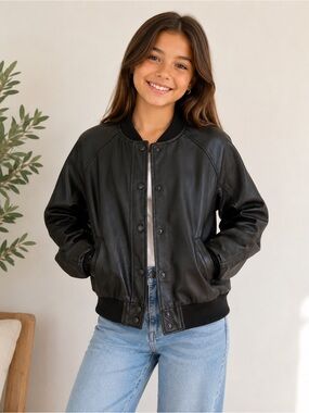 Hello Franki Girl’s Black Faux Leather Bomber Jacket